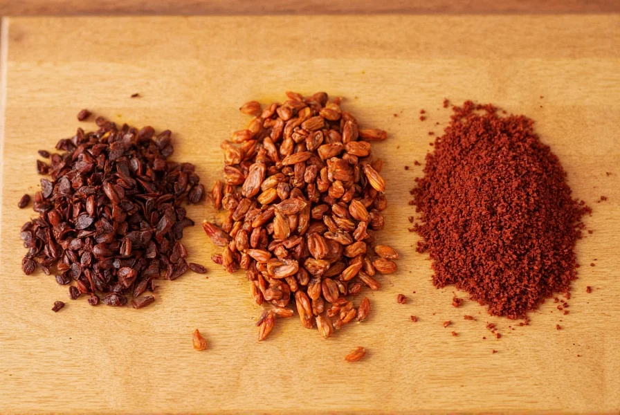 Dried ancho, guajillo, and chipotle peppers arranged on wooden cutting board for texas chili mix preparation
