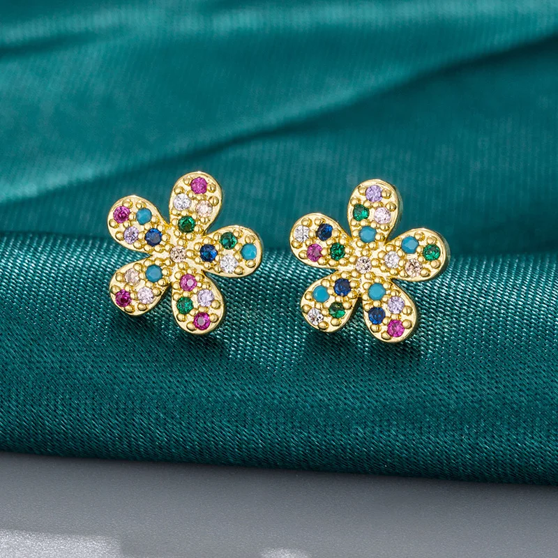 

Mini Size Rainbow Crystal Rhinestone Flower Stud Earrings 14K Gold Plated Micro Paved Color CZ Flower Stud Earrings