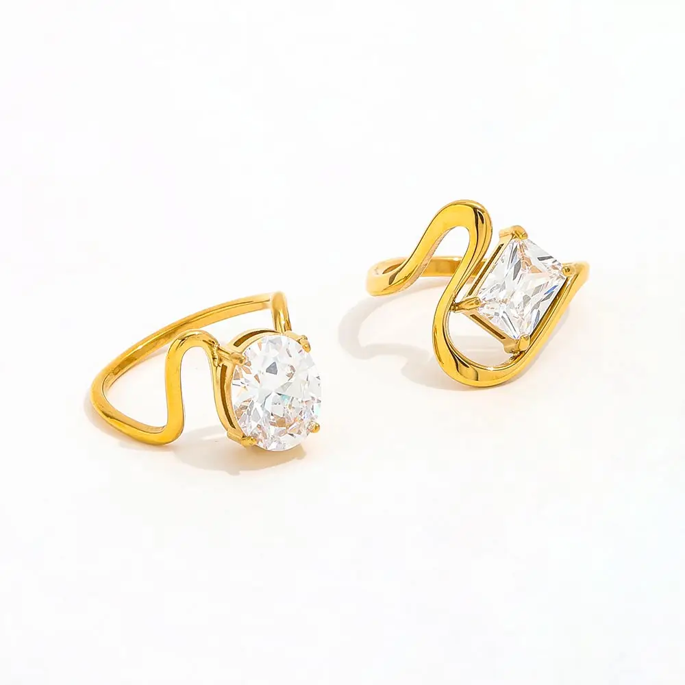 High End 18K Gold Rectangle Oval Zirconia Chunky Irregular Curve Lines Ring Stainless Steel Trendy Simple Gold Plated Jewelry