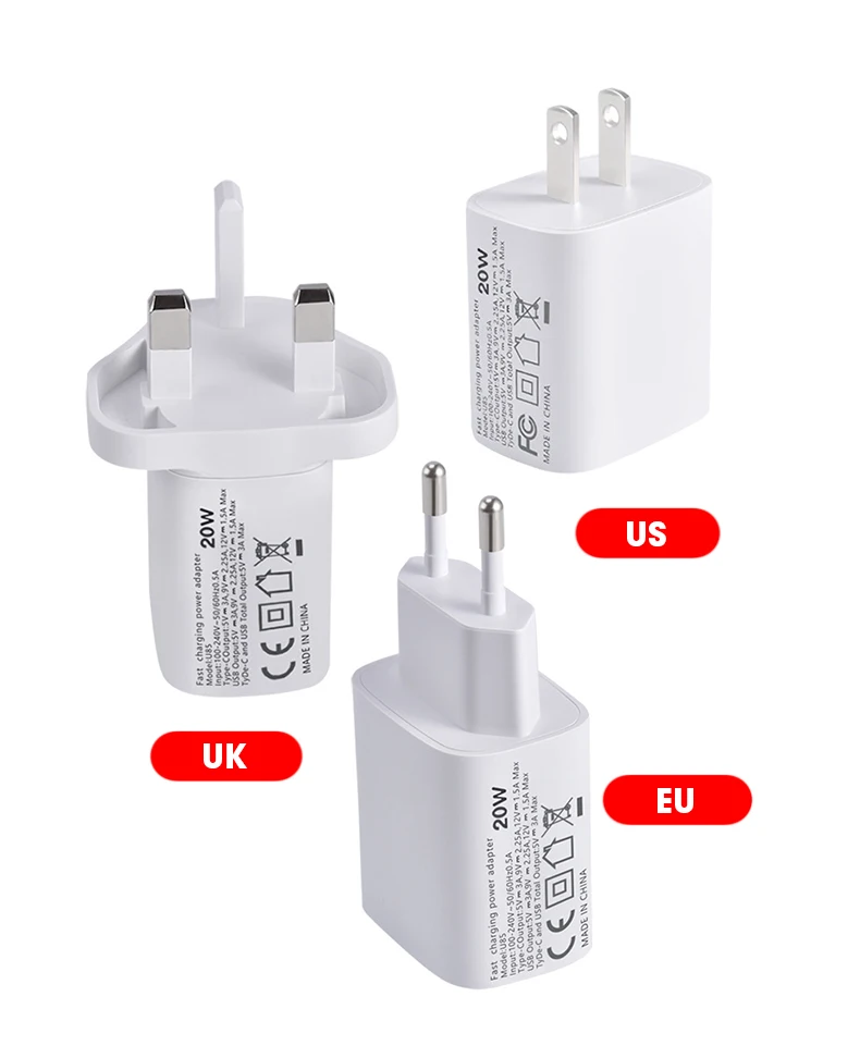 

US EU UK 20W Type-C PD Dual Ports Phone Fast Charger Adapter USB QC3.0 for iphon 12 and Android Mobile Phone