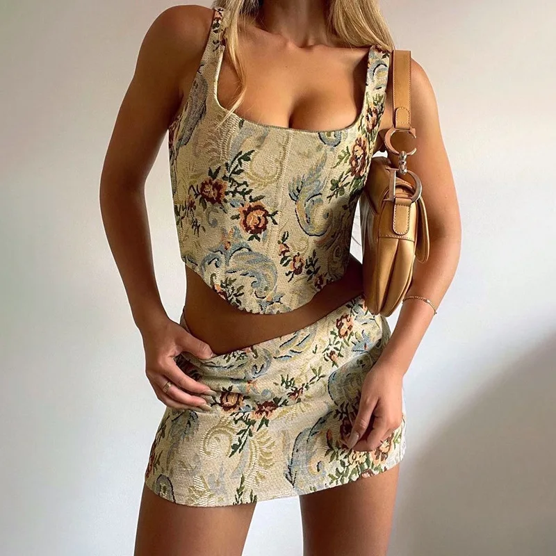 

Women 2 Piece Sweet Outfits Set Summer Sexy Sleeveless Crop Tank Top and High Waist Skirts Suit Party Streetwear