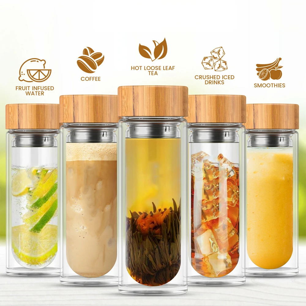 

500ML 17OZ Eco natural bamboo lid large caliber double wall glass water bottle, Customized color