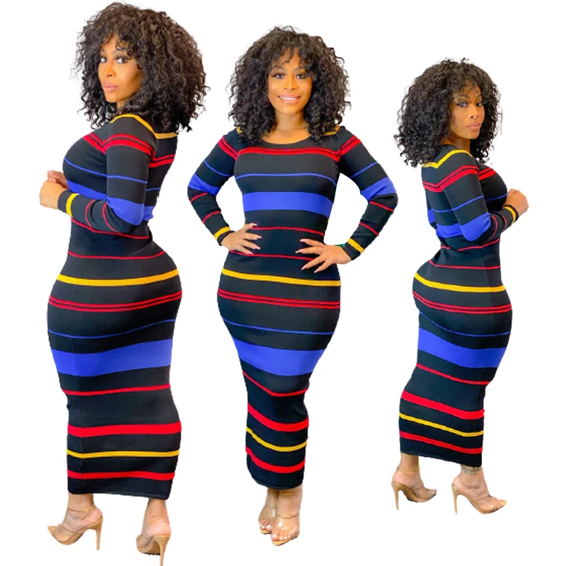 

2021 new style print dress with ribbed stripes and long sleeves, Customized color