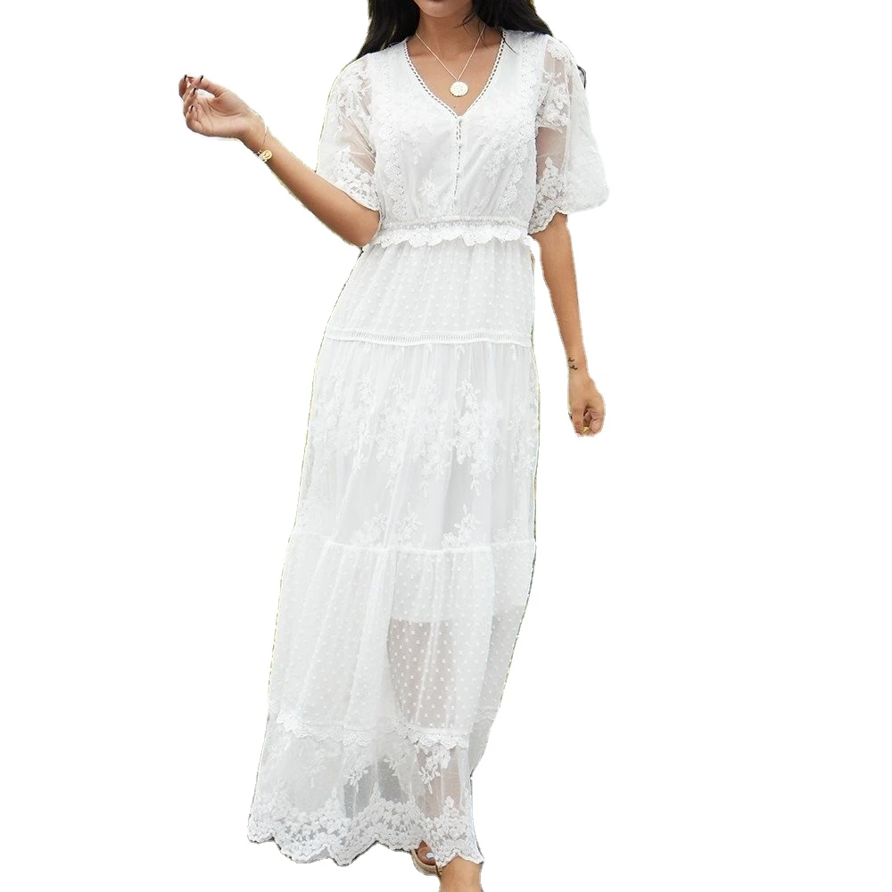

White Lace Dress Solid Short Sleeves Embroidered Organza Maxi Dresses For Woman Elegant