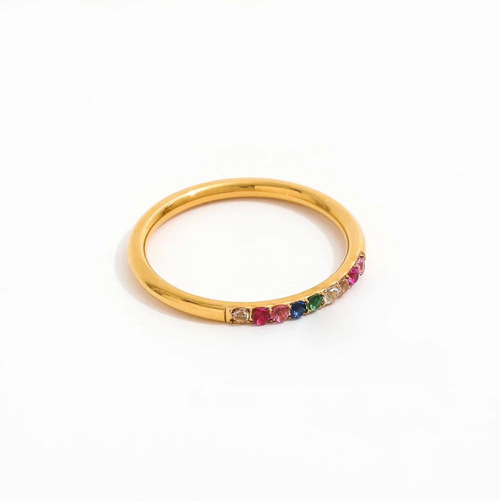 High End 18K Plain Gold Colorful CZ Half Paved Ring Stainless Steel Trendy Simple Gold Plated Jewelry