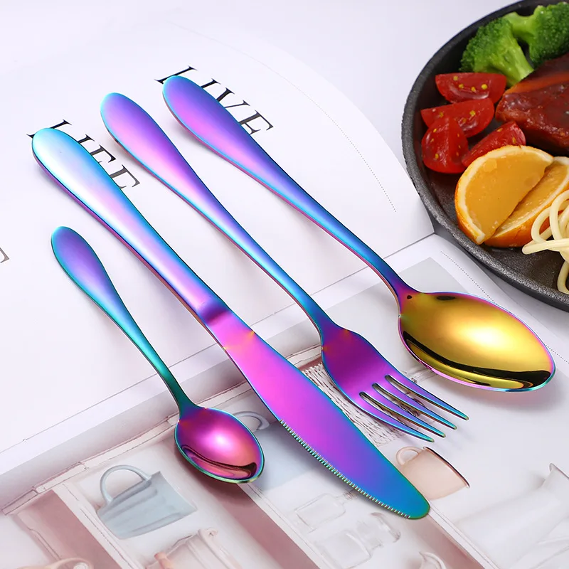 

Wholesale Catering Outdoor Knife Spoon Fork Set Travel Stainless Steel Gold Plated 4pcs Cutlery Set Gift Box, Gold,rose gold, black, colorful, silver