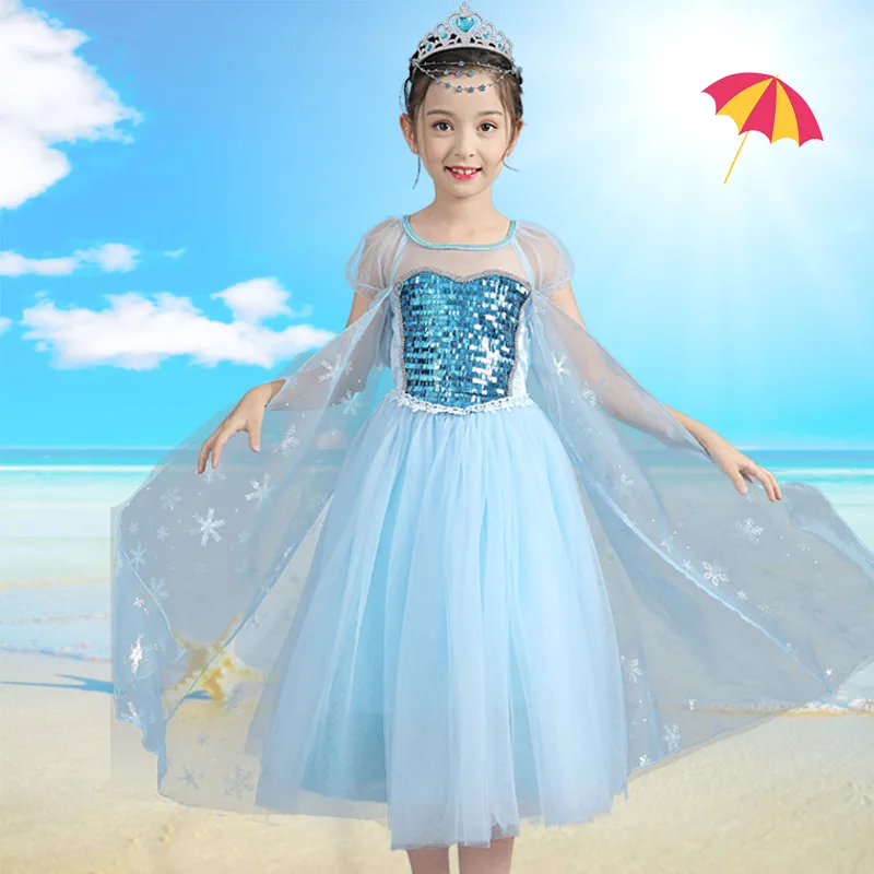 

Frozen 2 Girl Dress Blue Sequins Princess Party Cosplay Costume Short Sleeve Elsa Dress