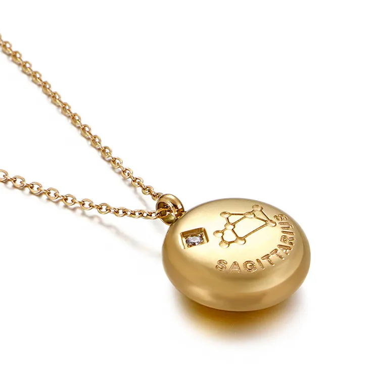 

Titanium Steel Pave Diamond 12 Zodiac Sign Pendant Necklace, Gold/ titanium