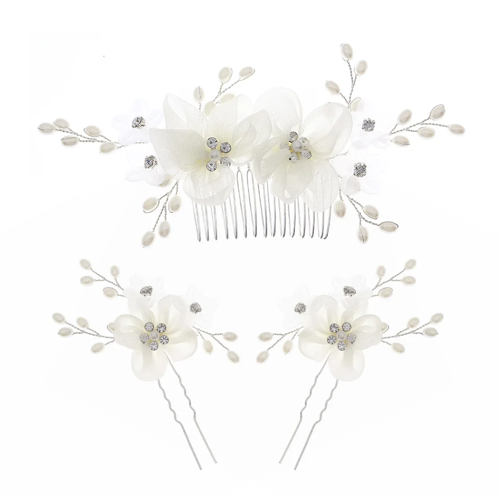 

Wholesale Fairy Crystal Pearl Silver Wedding Hair Jewelry Chiffon Flower Bridal Hair Comb Hair Pins Set Accessories