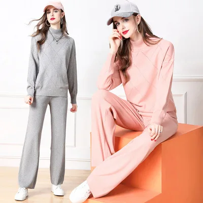 

2021 New Style Fall Women Casual Two Piece Sets 5 Colors Pullover Sweater +Wide Leg Pants 2 Piece Sets for Ladies