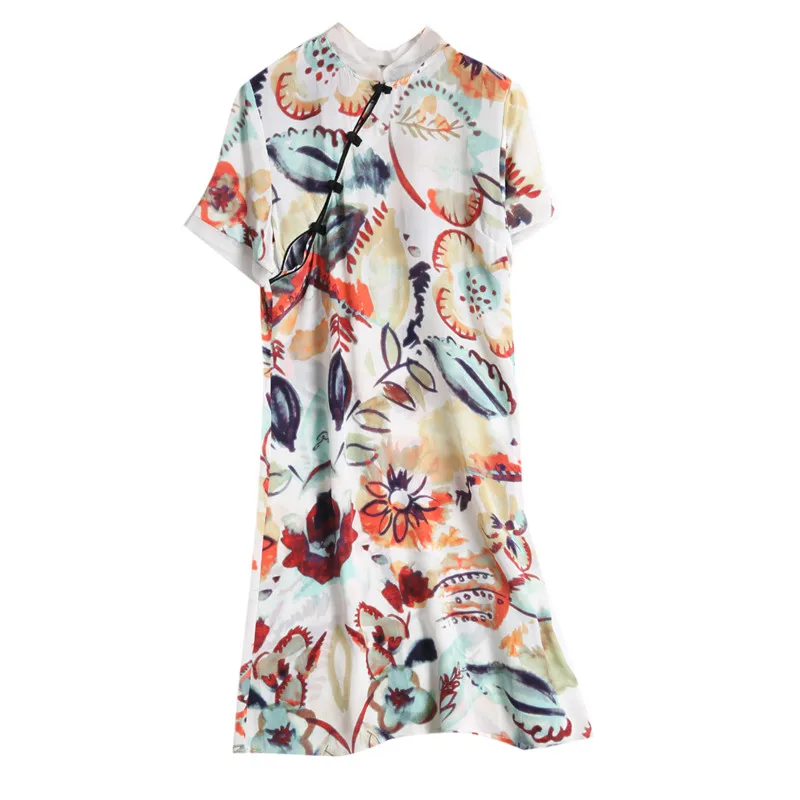 

Summer New Fashion One Piece Chinese Cheongsam Collar Traditional Printed Sation Silk Wrap Dress