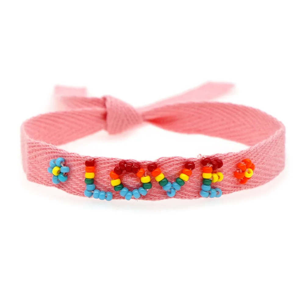 

Wholesale personalized fabric armband cotton ribbon embroidered with seed bead bracelet, Rainbow