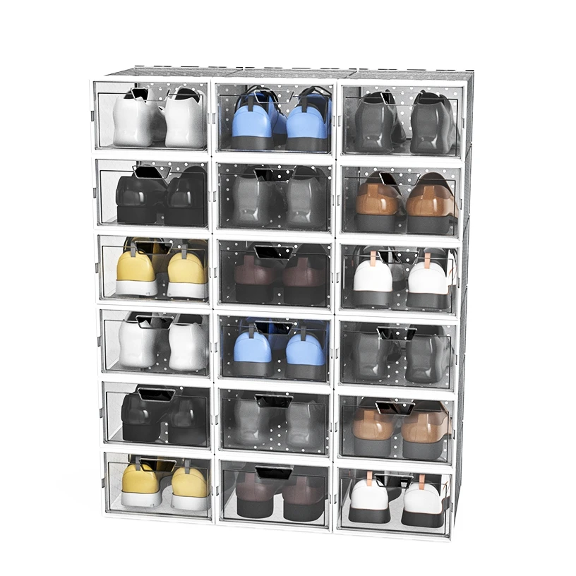 

New Type Foldable PP Empty Shoe Storage Boxes 18pcs Plastic Stackable Shoe Box Organizer