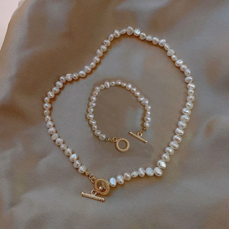 

Vintage Baroque Freshwater Pearl Necklace Bracelet OT Clasp Choker Necklace Wedding Bracelet Necklace Sets for Women, Gold