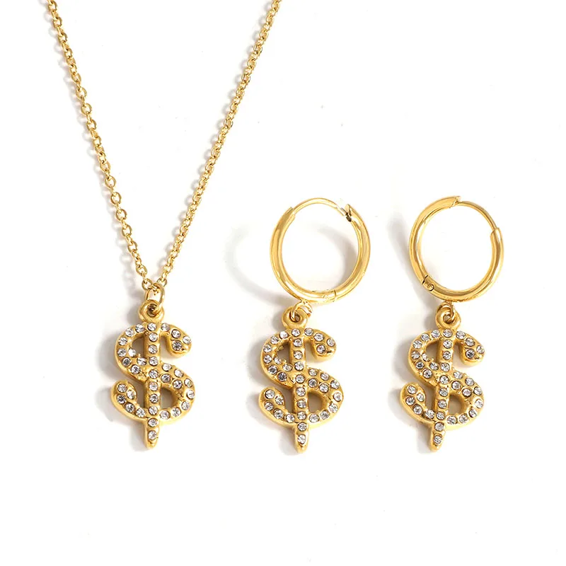 

Rhinestone stainless steel Jewelry Set 18k Gold Plated Micro Paved Diamond Pendant Money dollar symbol dollar sign jewellery