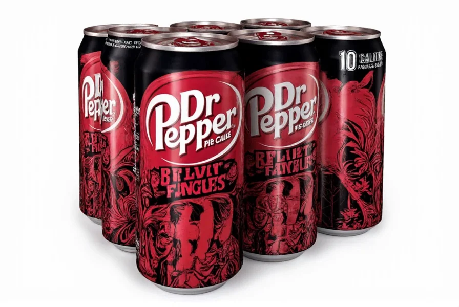 Dr Pepper 10 can showing the 10-calorie labeling and distinctive black and red packaging design