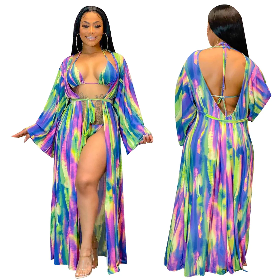 

Trendy Tie Dye Long Sleeve Swimsuit Three Pieces Halter Wrap High Waist Rainbow Bikini Women Sexy Beach Cover Up