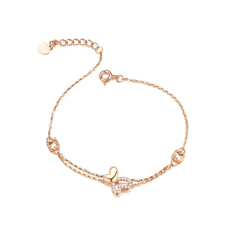 

Dropshipping 18K Rose Gold Plated 925 Sterling Silver Jewellery Heart and Butterfly Charm Bracelet Women Jewelry New Year Gift