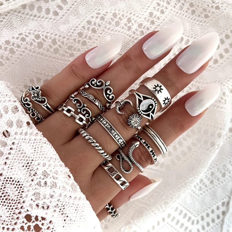 Finetoo Retro Silver Color Sun Moon Rings Set Vintage Flower Pattern Snake Finger Rings Jewelry Party accessories