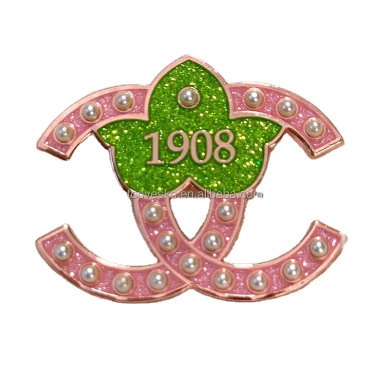 

Custom Rose Gold Sorority Manufacture 20 Pearls IVY Brooches ALPHA KA ALPHA 1908 Lapel Pin Green and Pink brooch Pins