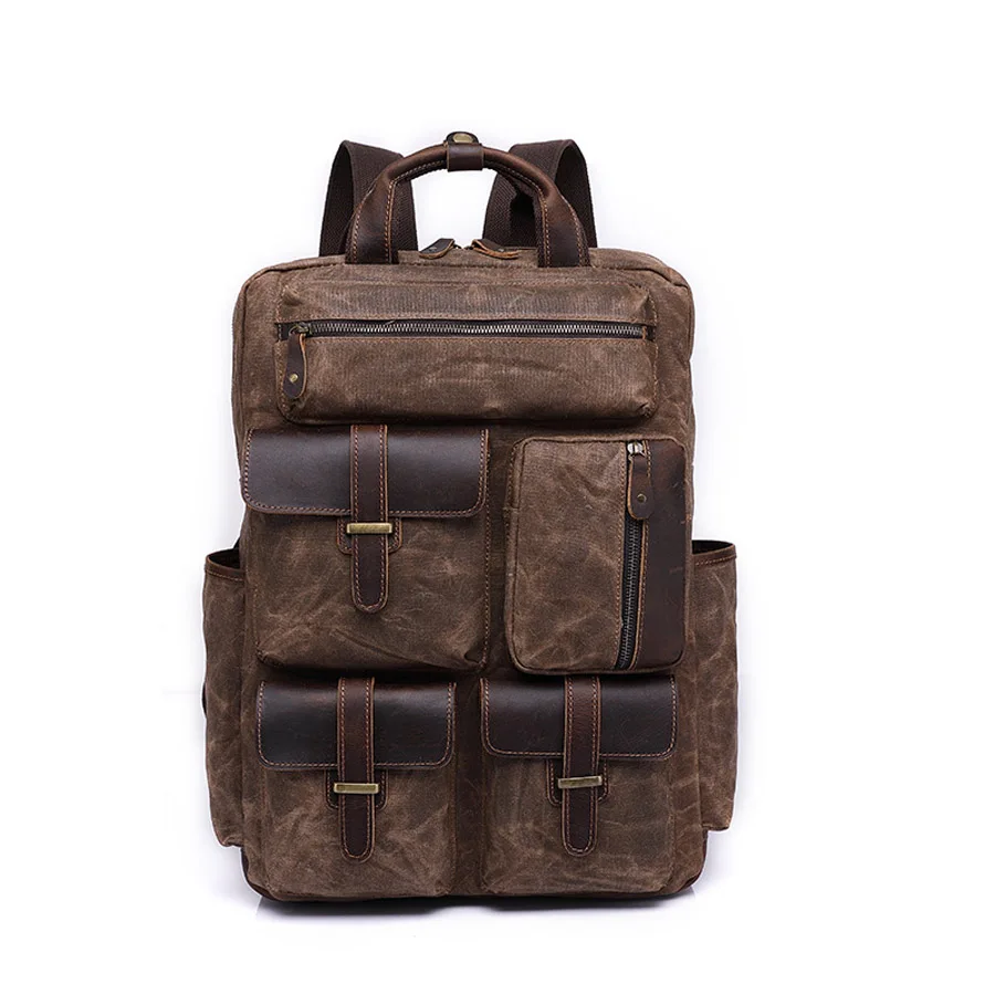 

Oil Wax Canvas Leather Men Backpacks Vintage Crazy Horse Leather Backpack Travel Business Bag Large Capacity Outdoor Rucksack, Customized