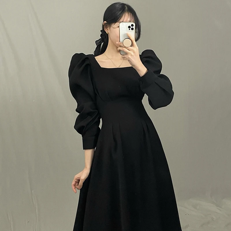 Wholesale 2025 Autumn New Style French Elegant Thin Square Collar Pleated Waist Knee-length Mid-length Puff Sleeve Women Dress