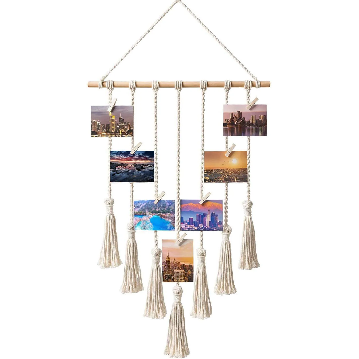 

Hanging Photo Display Boho Home Decor Macrame Wall Hanging Picture Collage Photos Organizer Tassel Woven Art Wall Decorations, Beige