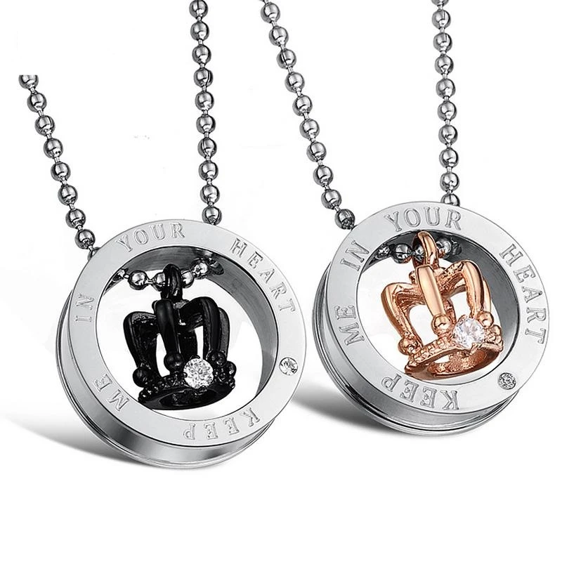 

Crown Stainless Steel Couple Necklaces Sets Lovers Jewelry Keep Me In Your Heart Chain Necklace Shenzhen Jewelry, Black/silver