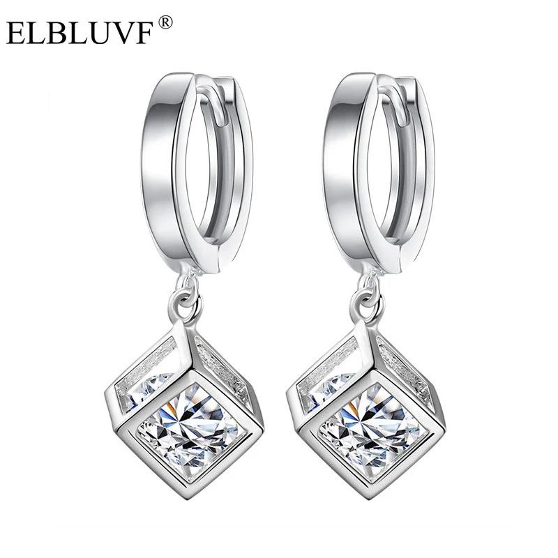 

ELBLUVF Free Shipping White Copper Platinum Plated Women Fashional Beautiful Rubik's Cube Zircon Earrings, White gold