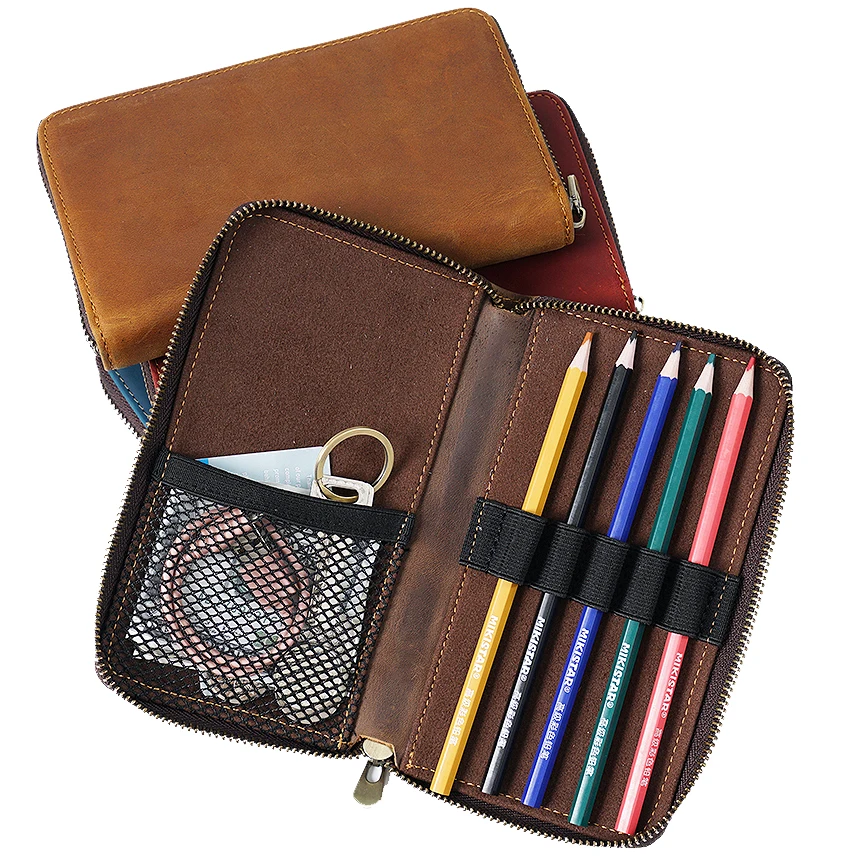 AIGUONIU Leather Pencil Case Zipper Retro Pen Pouch for School Students Cowhide Men Pencil Bag with Pen Slots Wholesale Unisex