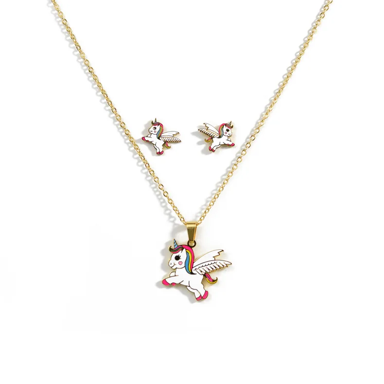 

Fashion Stainless Steel Jewelry Set Unicorn Pendant Necklace Earrings Animal Shaped Oil Gold Plated Children Bridal Gift Custom