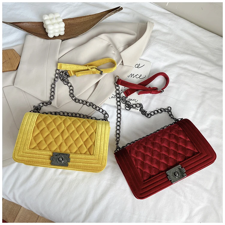 

TS9123 winter purse New Arrivals Designer fashion chains Diamond lattice purse velvet quilted winter bags women handbags