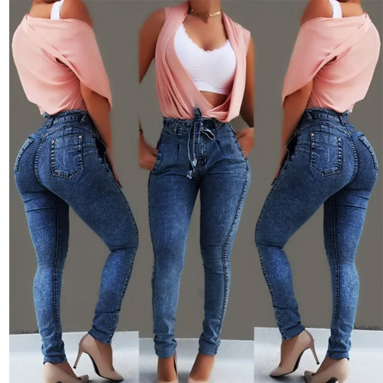 

High waist women's wear 2021 best selling women's wear slim fit elastic tassel belt high waist jeans women's wear