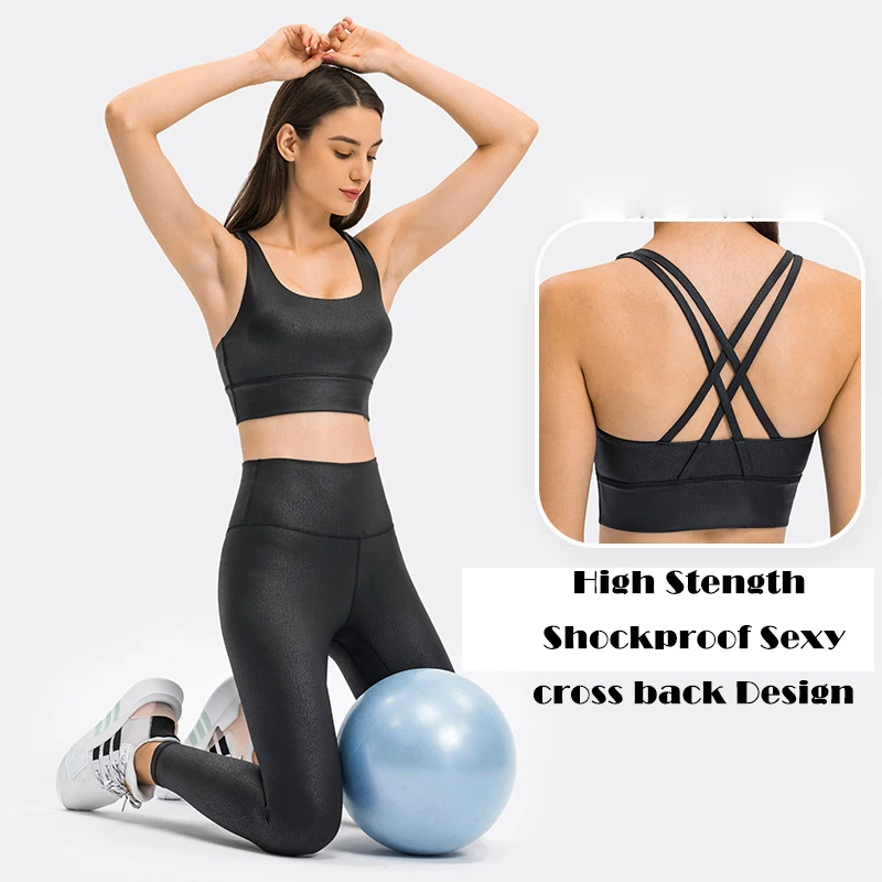 

Hot Sexy Women Fitness Workout Running Shirts Cross Back Yoga Tank Top Removable Cups Padded Yoga Sports Bra, Black, tin gold