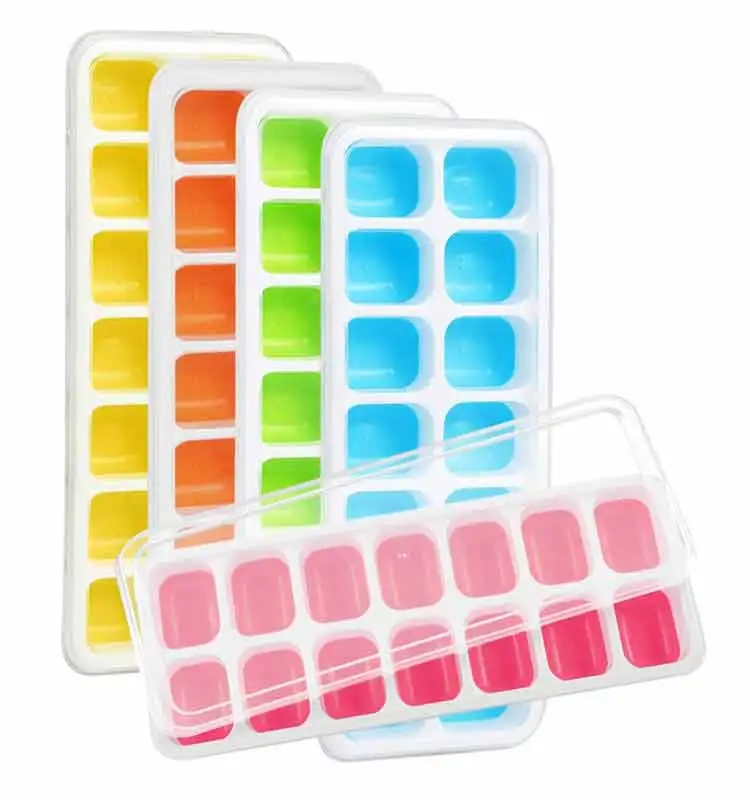 

Designer DIY Small ice cream cub silicone ice trays rubber ice cube tray with container lid and bin, Green/blue/pink/yellow