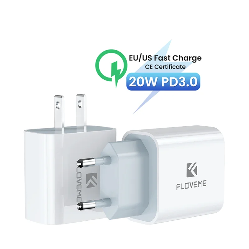 

Free Shipping 1 Sample OK CE Custom FLOVEME For iPhone PD Charger 20W Fast PD Wall Charger EU US Type C Quick Charger Adapter
