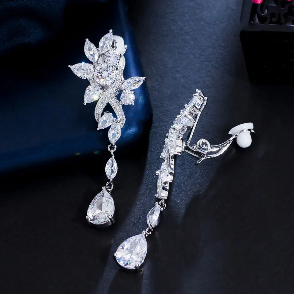 No Ear Hole Style Cubic Zircon Flower Drop Wedding Bridal Party Long Clip on Earrings Without Piercing for Women Jewelry