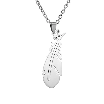 

2021 New Multi Color Feather Shaped Pendant Necklace Stainless Steel Micro Pave CZ Diamond Angel Feather Necklace For Couple