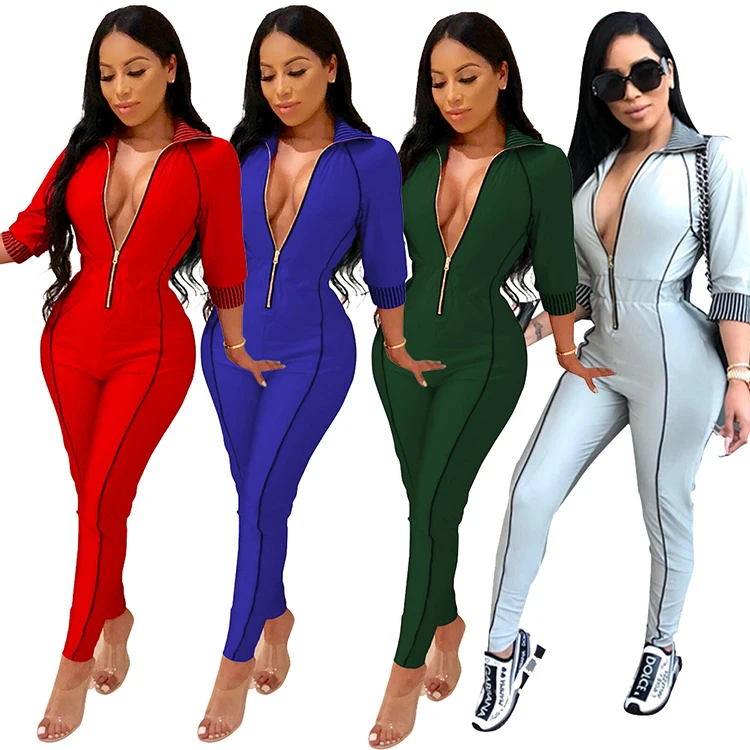 2019 womens long sleeve one piece front zipper sexy bodycon jumpsuits