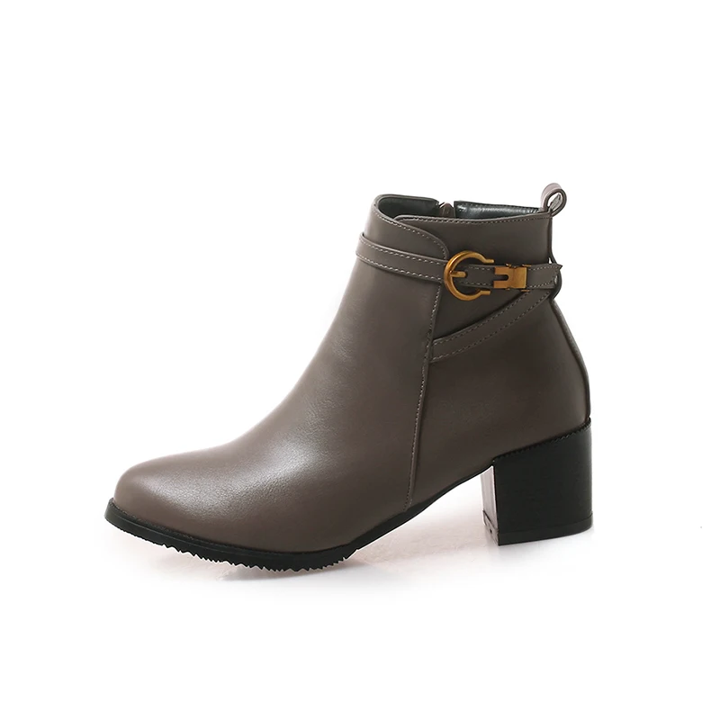 

Winter solid color round head Belt buckle Thick-heeled Miss Zipper booties