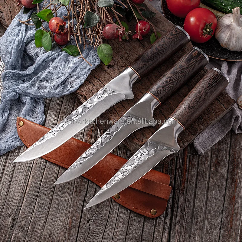 

Wholesale stainless steel wenge wood handle stylish handmade professional Boning carving Cutting Chef butcher knife with sheath, Silver