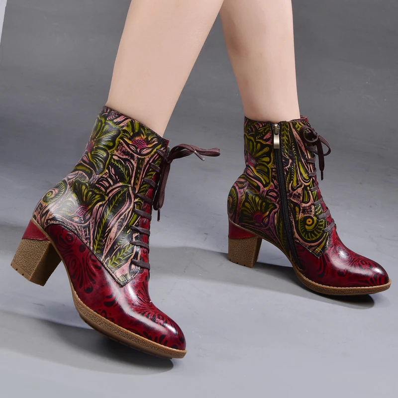 
Socofy Embossed Cowhide Leather Handmade Heels Ankle Shoes Women Martin Boots 
