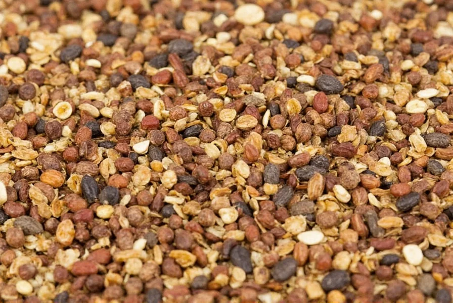 Assorted pepper flakes spread on a wooden table
