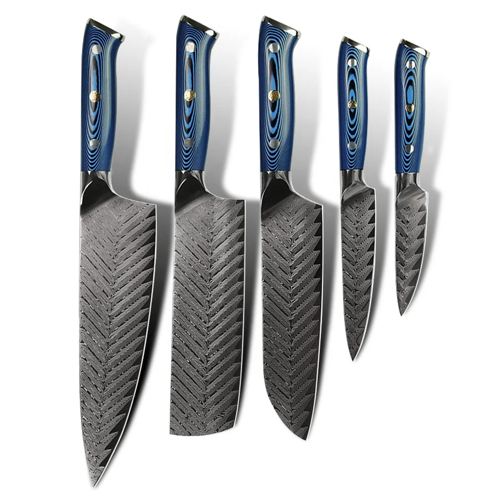 

New Arrival Ladder Pattern Blue Handle Amber knife 67layers vg10 japanese kitchen damascus steel knife set