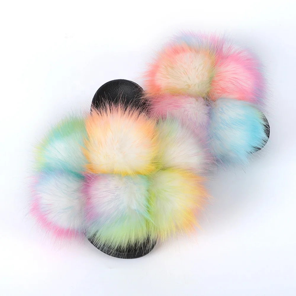 

Colorful faux fur designer logo slides slippers  white puff balls, Picture