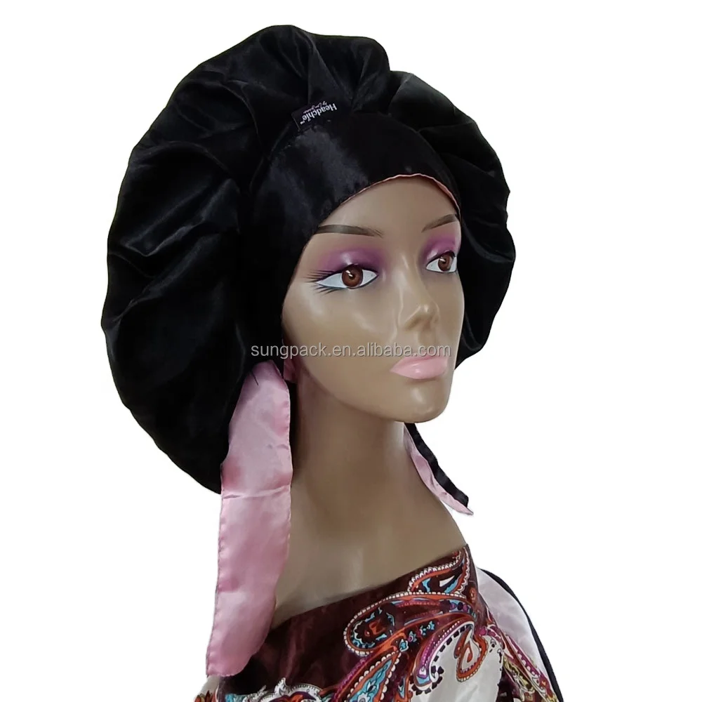 

Custom Logo Long Tie Headwrap Braids Hair Sleep Caps with Double Layers Reversible Satin Bonnet