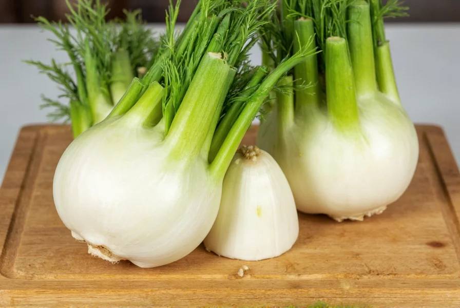 Fresh fennel bulb with feathery fronds and seeds displayed on wooden cutting board