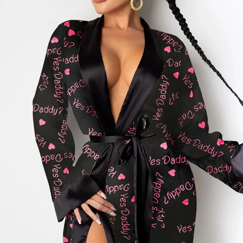 

New Design Bandage Nightgown Long Sleeve Pyjamas V Neck Satin Heart Robe Thong Adult Sleepwear