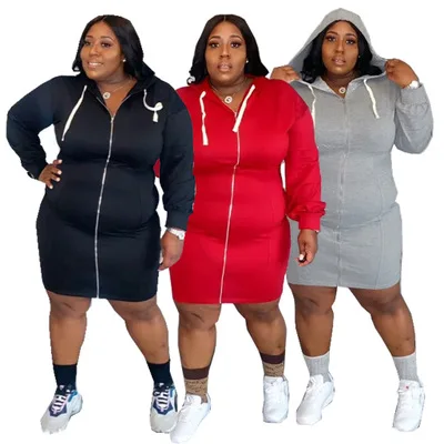 

2021 wholesale 5XL plus size women's hoodie long-sleeved dresses women zipper up hooded solid casual dresses, Yellow,red,colorful