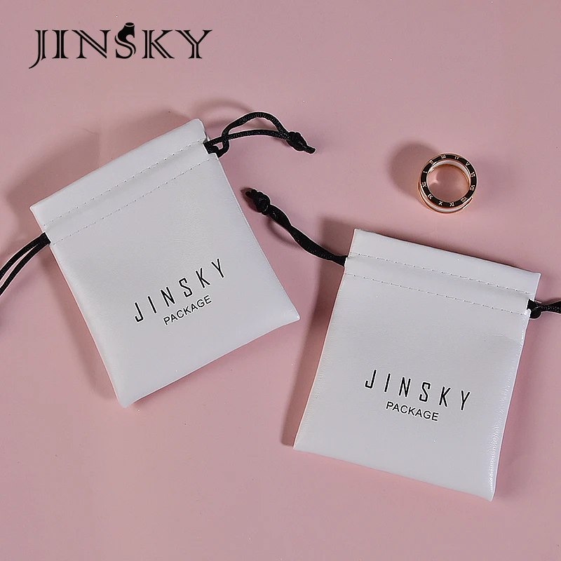 

JINSKY luxury pu leather jewelry storage bag white luxury gift bag wholesale custom jewellery bag